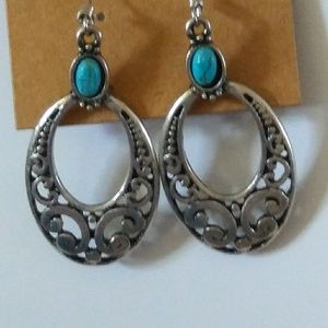 Silver Filigree Scroll Turquoise Earrings